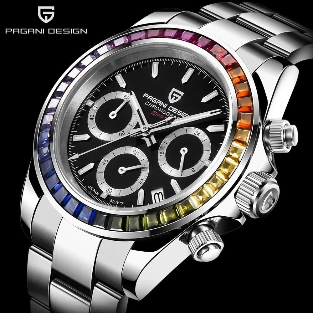 2023 PAGANI DESIGN New Rainbow Bezel Sport Watch Men Quartz Stainless Steel 100MWaterproof Mens Watch VK63 Sapphire Chronograph - M & M Global