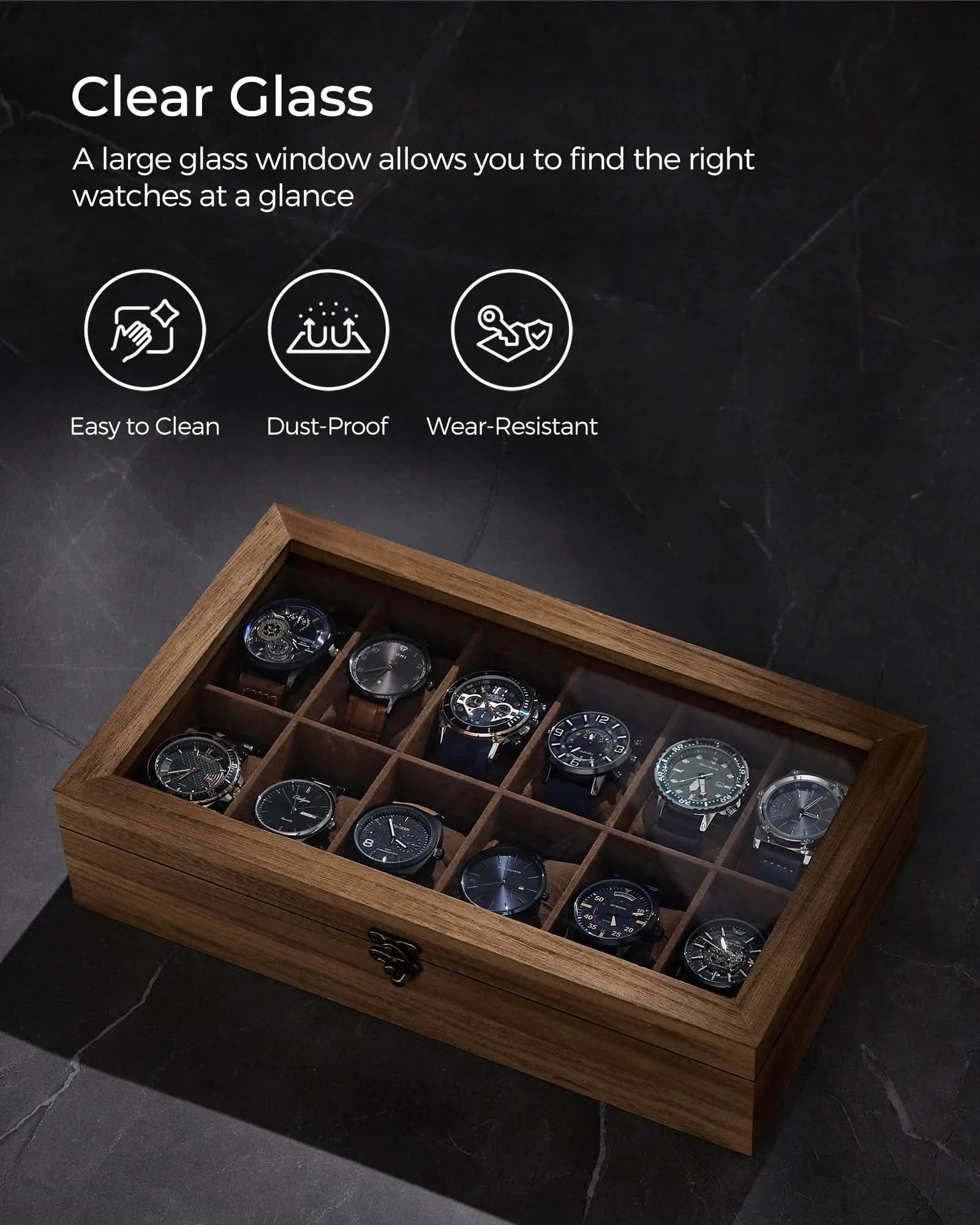 SONGMICS Watch Box, 12-Slot Watch Case, Solid Wood Watch Box Organizer with Glass Lid, Watch Display Case with Removable Pillows - M & M Global