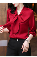 Elegant Pure Color Long Sleeve Women's Shirt with Bow Tie Single Button Open Cardigan Spring Autumn Fashionable Ageless