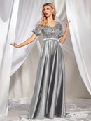 Elegant Short Sleeve Satin Patchwork Sequins V-neck Formal Evening Dresses 2026 Luxury Women A-Line Party Cocktail Prom Gowns