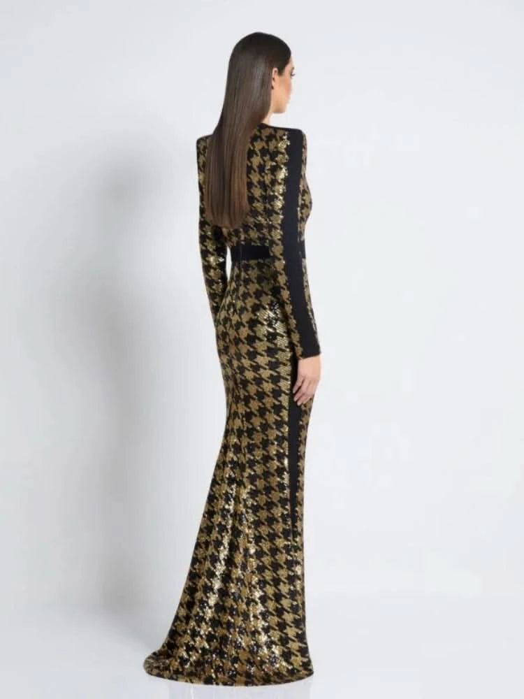 Sexy V Neck Bird Lattice Sequins Maxi Dress Women Black Gold Sequin Long Sleeves Bocycon Long Dress Runway Evening Party Gown - M & M Global