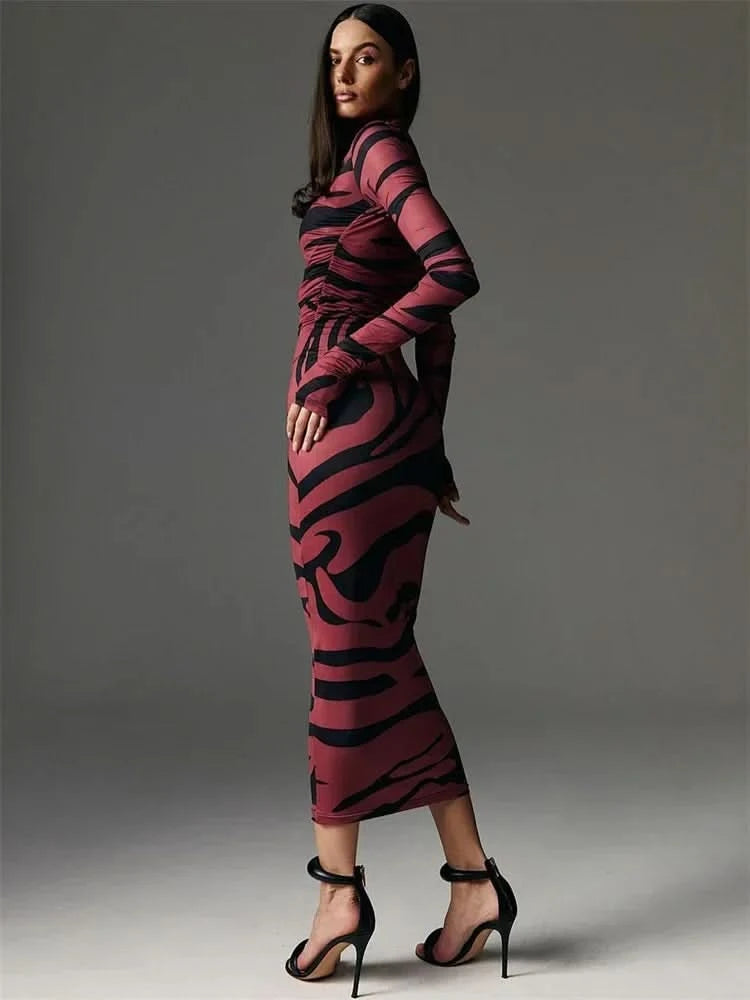 Print Leopard Print Slim Long Dress Women's Fashion Long Sleeve Sexy Party Dress Summer Street Leopard Print Long Dress 2024 New - M & M Global