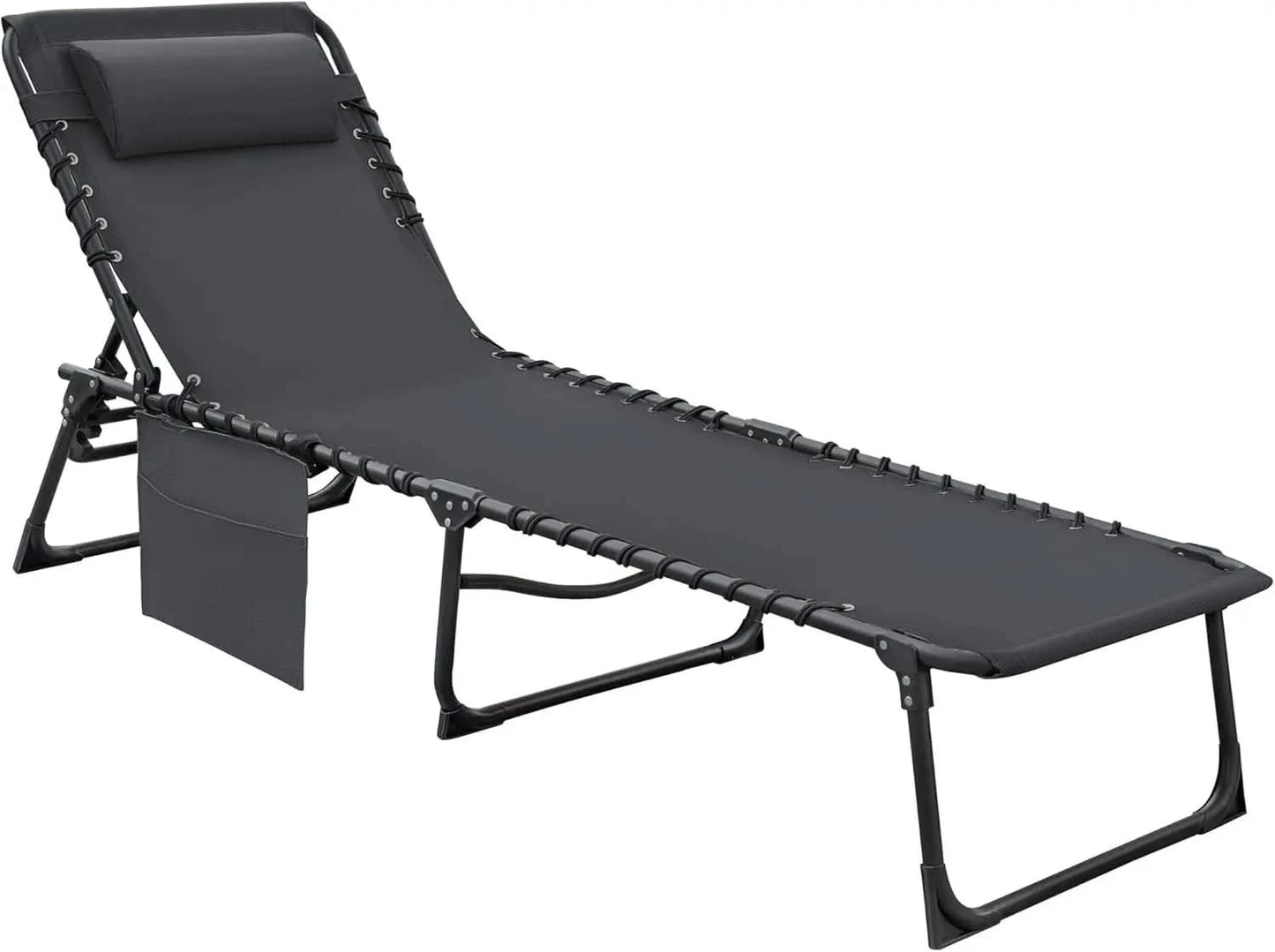 Foldable Chaise Lounge Chair 5-Position Adjustable, Tanning Chair with Side Pocket, Outdoor Sunbathing for Pool, Beach, Patio,