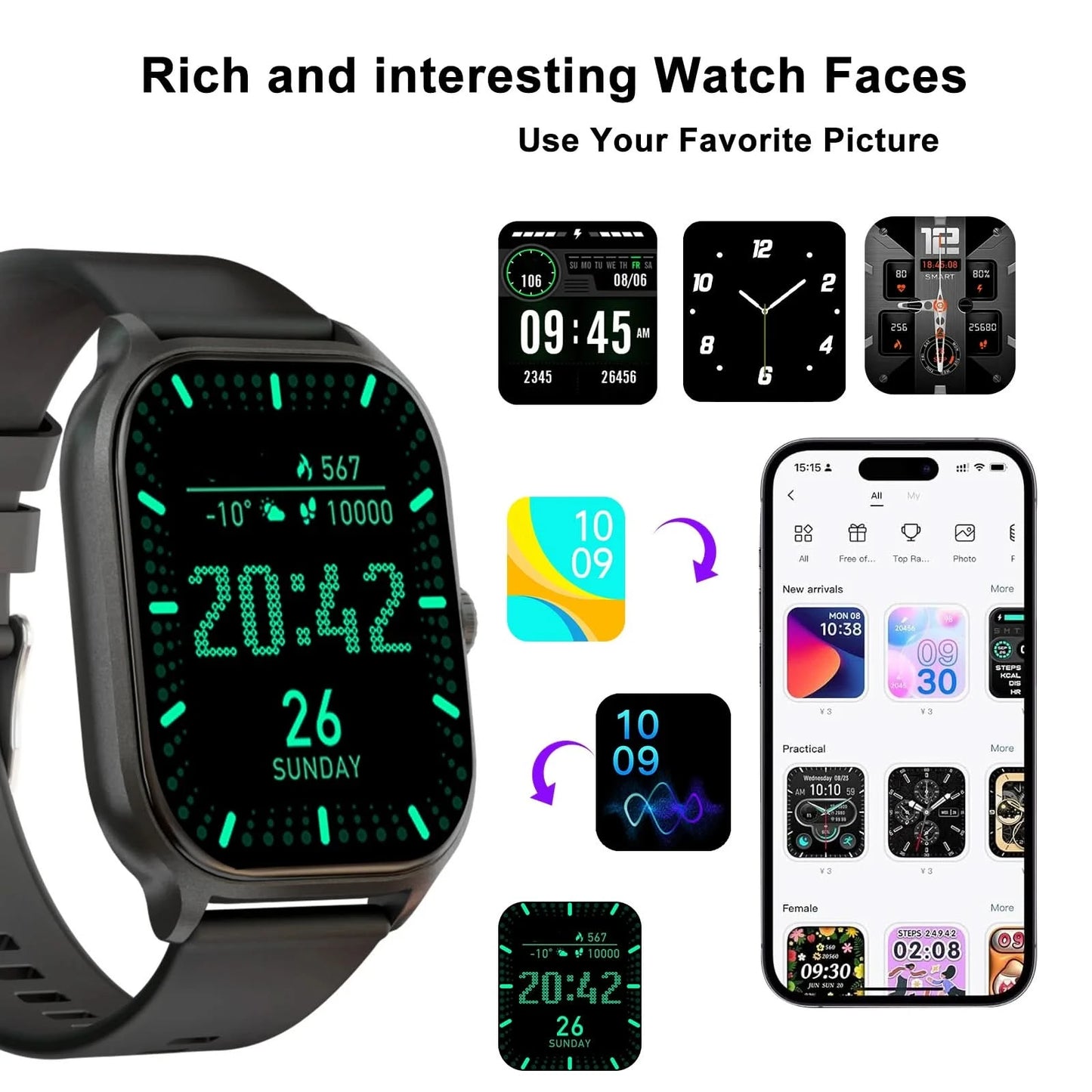 Smart watch with full touch screen, call, message reminder and other functions, compatible with iPhone/Android phones