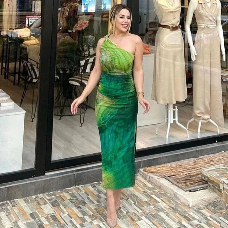 CUTENOVA Sexy Slash Collar Gradient Print Long Dress Summer Chic One-Shoulder Backless Party Dresses Sleeveless Hollow Slim Fit - M & M Global