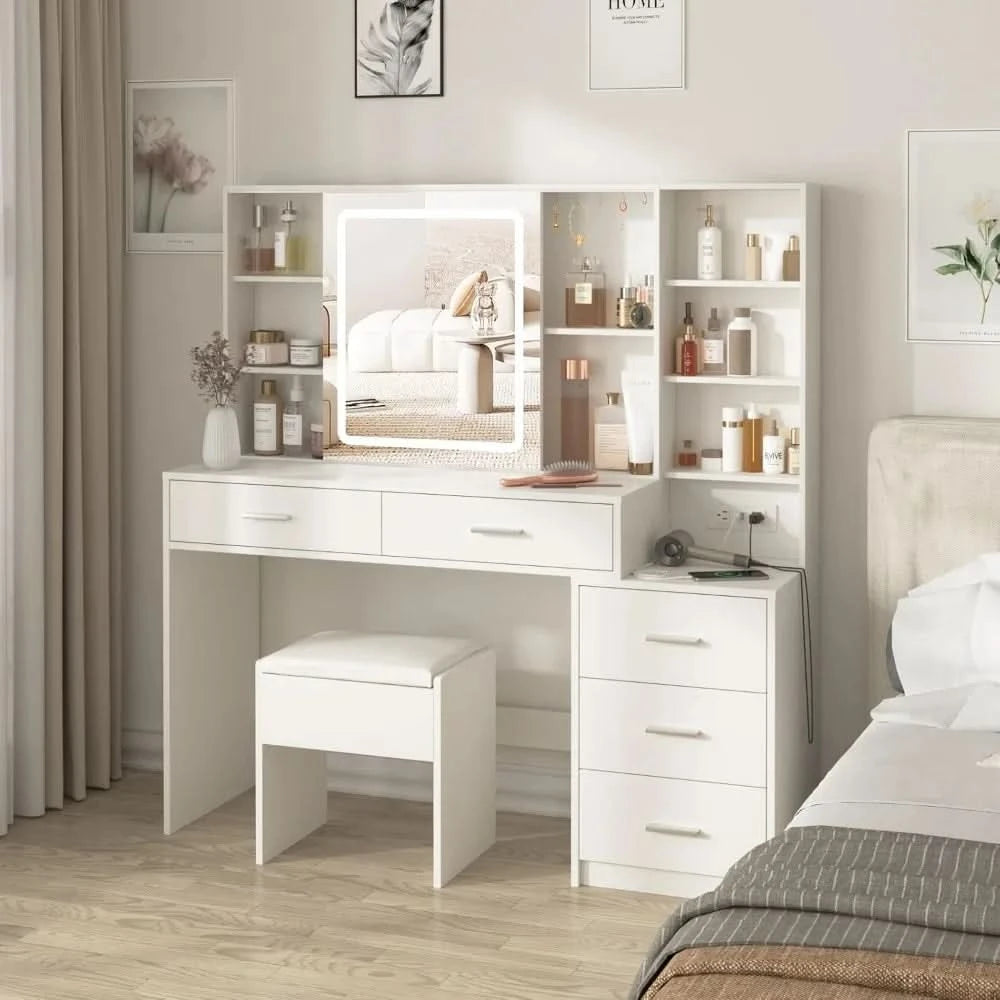 Vanity Desk with Mirror and Lights, Makeup Vanity with 5 Drawers, Makeup Desk with Charging Station and Ample Storage, Dressing