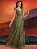 New Luxury V-Neck Beading Green Sequins Evening Dresses Elegant Long Women V-back Wedding Party Long Prom Cocktail  Gowns