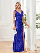 Elegant V-neck Sequins Slit Floor Length Formal Evening Dresses Luxury sleeveless Bridesmaid Wedding Party Beading Cocktail Gown