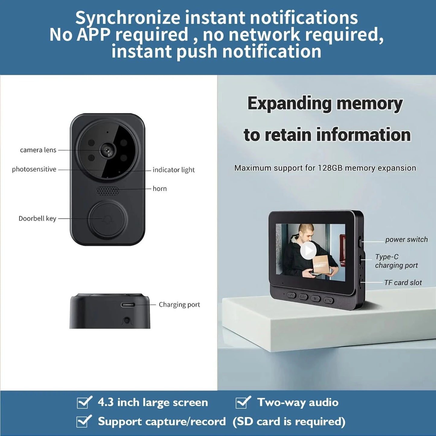 Wireless wireless smart video doorbell,Wireless intercom,Real-time notification,Two-way HD camera,Night vision monitor HD camera