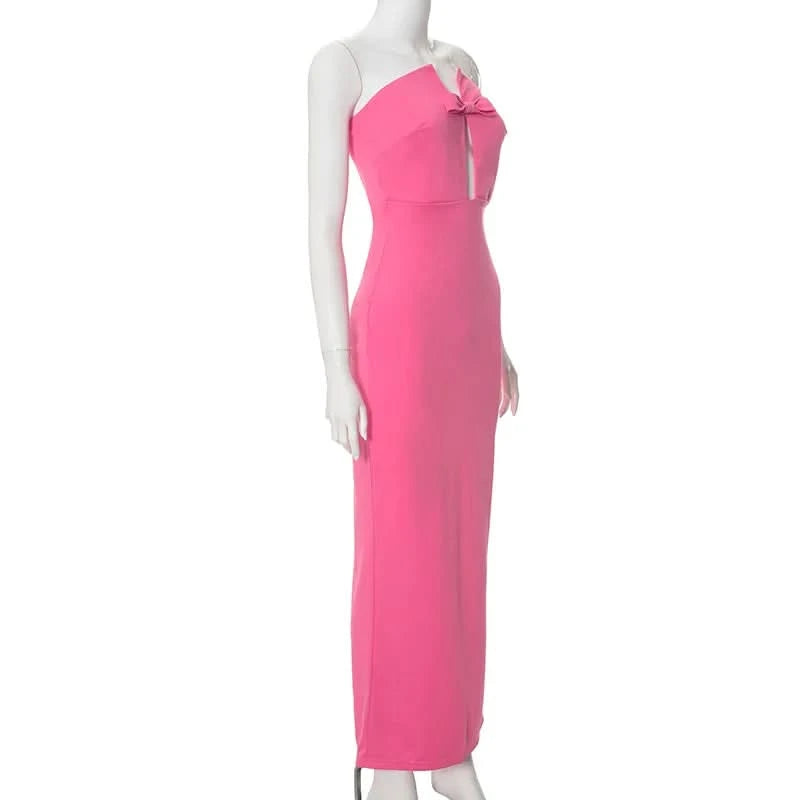 Tossy Tee Bow Off-Shoulder Slim Long Dress For Women Patchwork Fashion Elegant Hollow Out Backless Clothes Female Party Dress - M & M Global