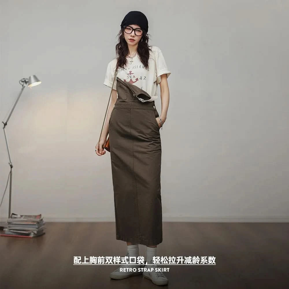 Maden 2024 New Women's Maillard Suspender Straight Skirt and Age-reducing Lazy Style Stackable Long Dress for Spring and Summer - M & M Global
