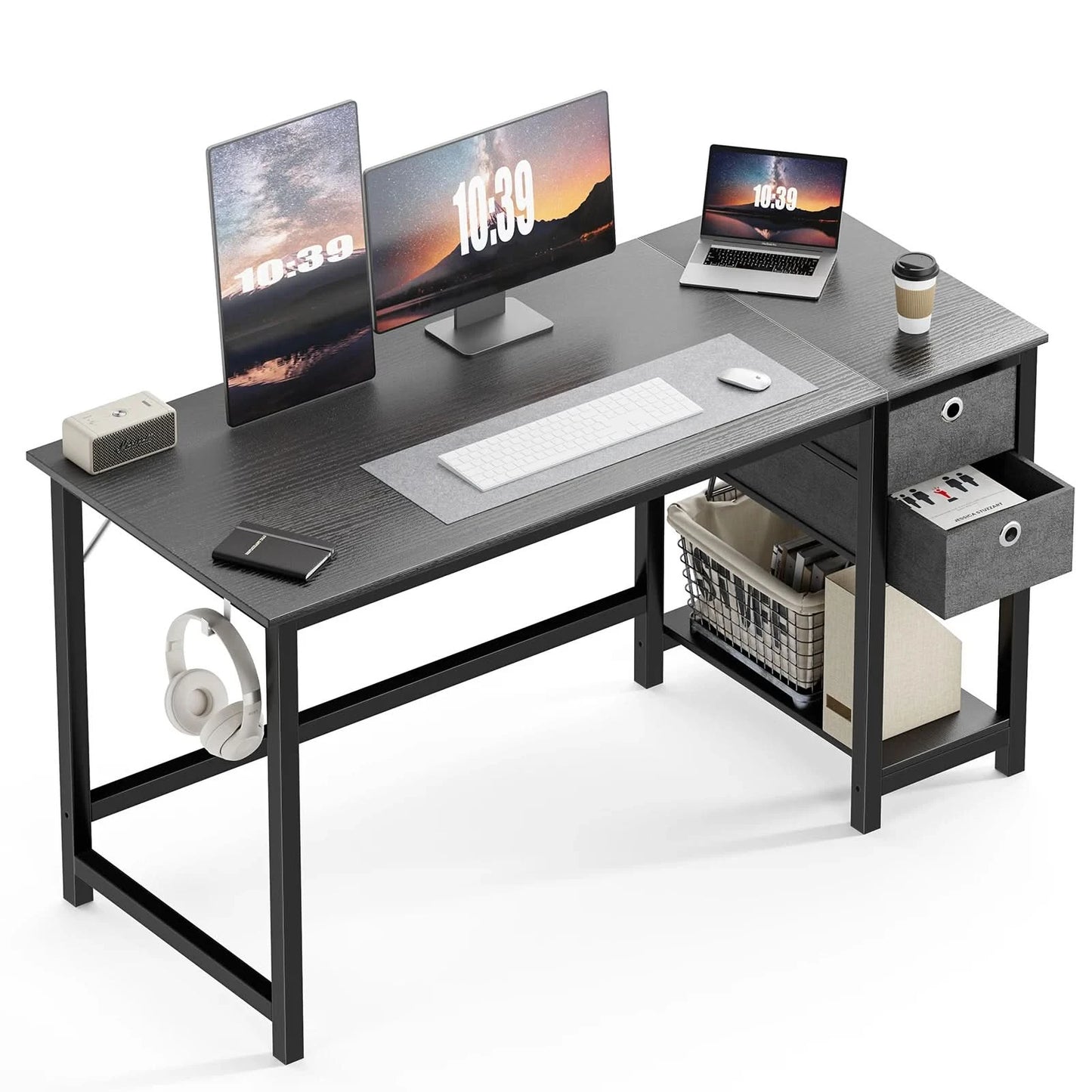 JHK Computer Desk With Drawers 55 Inch Home Office Desk Writing Desk Work Desk PC Table Study Desk With 2-Tier Drawers