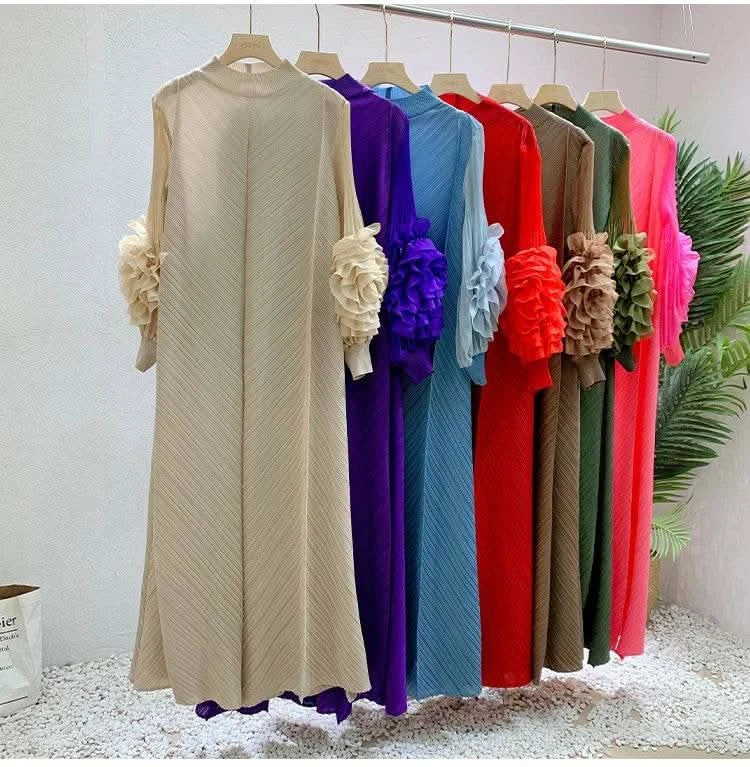 ANLAN Miyake Pleated Maxi Long Dress Mesh Petal Sleeve Half Turtleneck Formal Dresses for Women 2024 New Hot Sales 6KK9927 - M & M Global