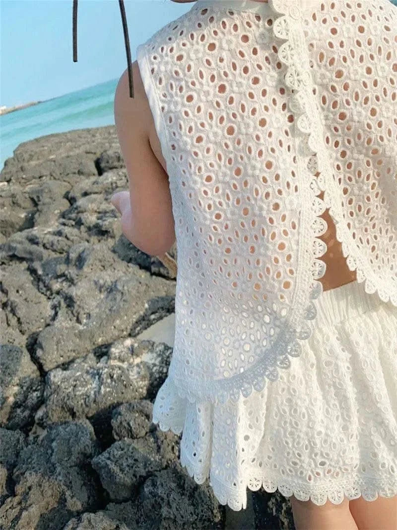 2PCS Kids Sets Summer Girl Clothes Children Hollow Lace Sleeveless Tops Shorts Set Fashion Baby Girl Cardigan Fake Two Suit - M & M Global