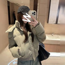 Y2K American Retro Fluffy Fur Collar Hooded Cotton Coat Women Solid Cream Winter Warm Slim Casual Jacket