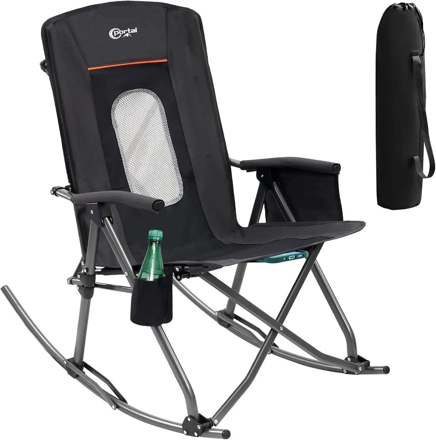 Oversized Folding Rocking Chair. Portable Outdoor Rocker. High Back, Hard Armrests. Carry Bag. Supports 400 lbs. Mesh Back.
