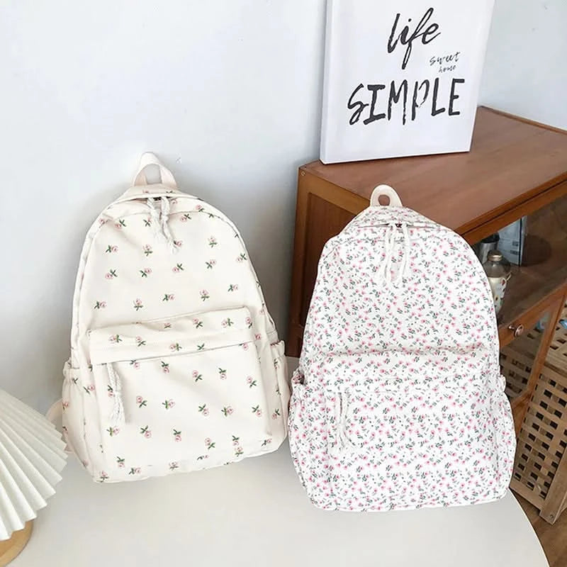 Student School Backpack Floral White School Bags For Teenage Girls Cute Women's Backpack Book Bag Nylon Rucksack - M & M Global