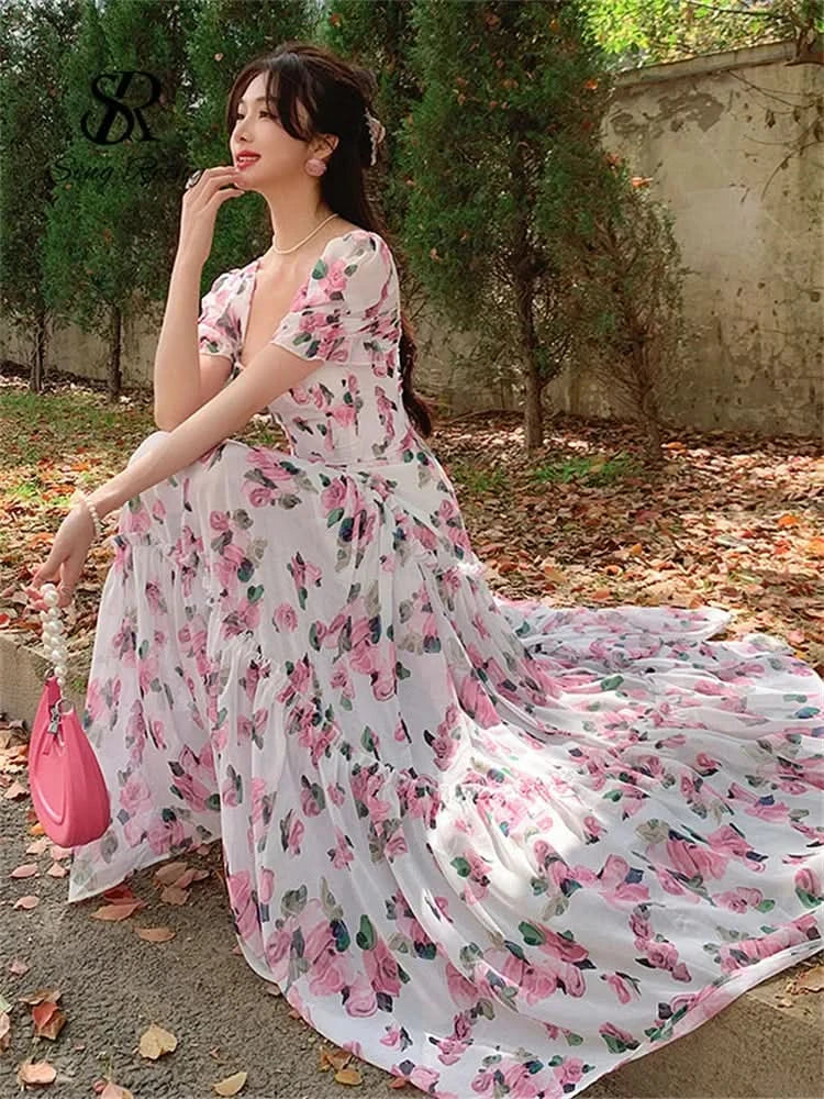 SINGREINY Beach Vacation Floral Print Dress Women Backless Lace Up Cross Bandage Ruched Korean Hotsweet Fashion Party Long Dress - M & M Global