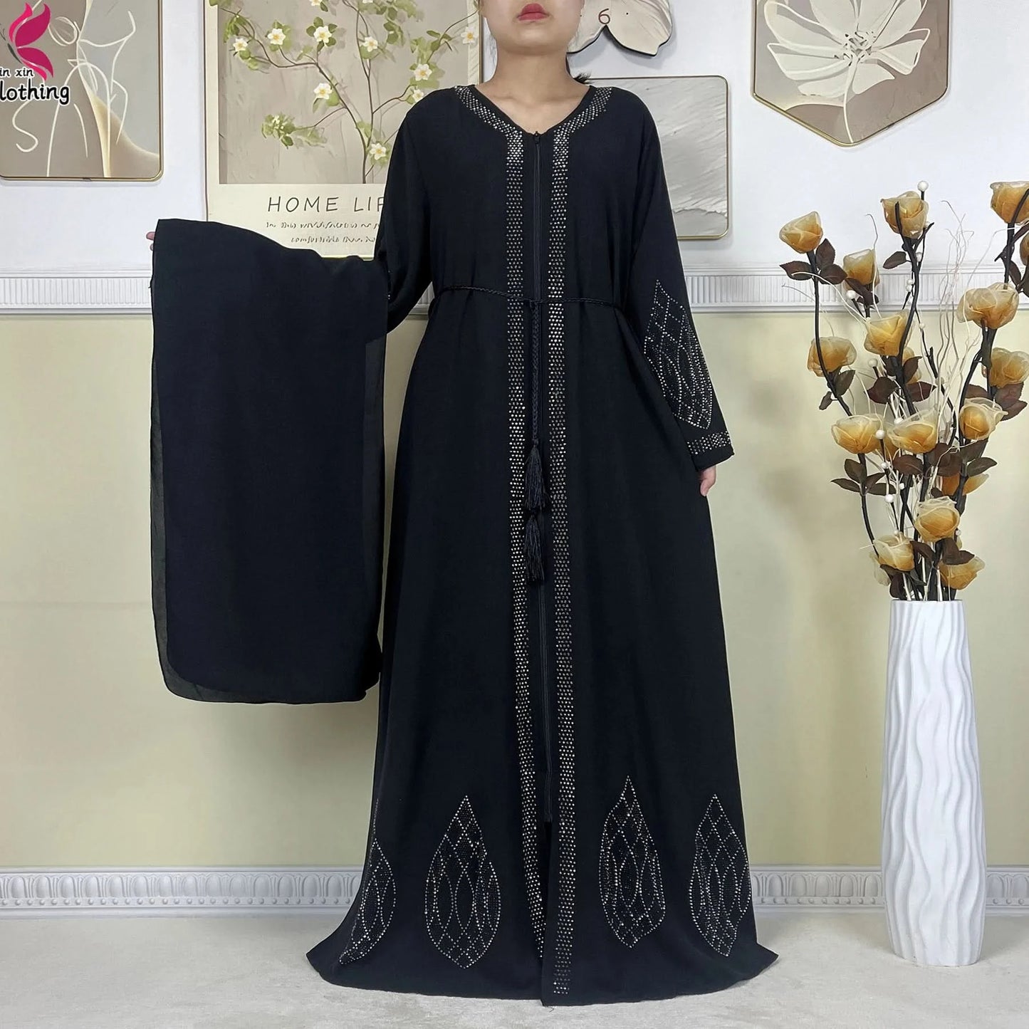 New Muslim Abayas For Women Long Sleeved Dress Dubai Lady Elegant Long Dress Islam Clothing African Abaya Loose Robe With Turban - M & M Global