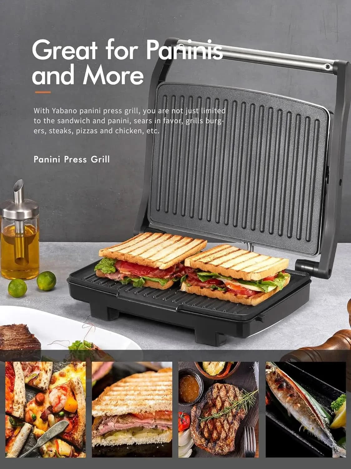 Panini Press Grill, Gourmet Sandwich Maker, Electric Indoor Grill with Non-Stick Cooking Plate and Removable Drip Tray, Easy to - M & M Global