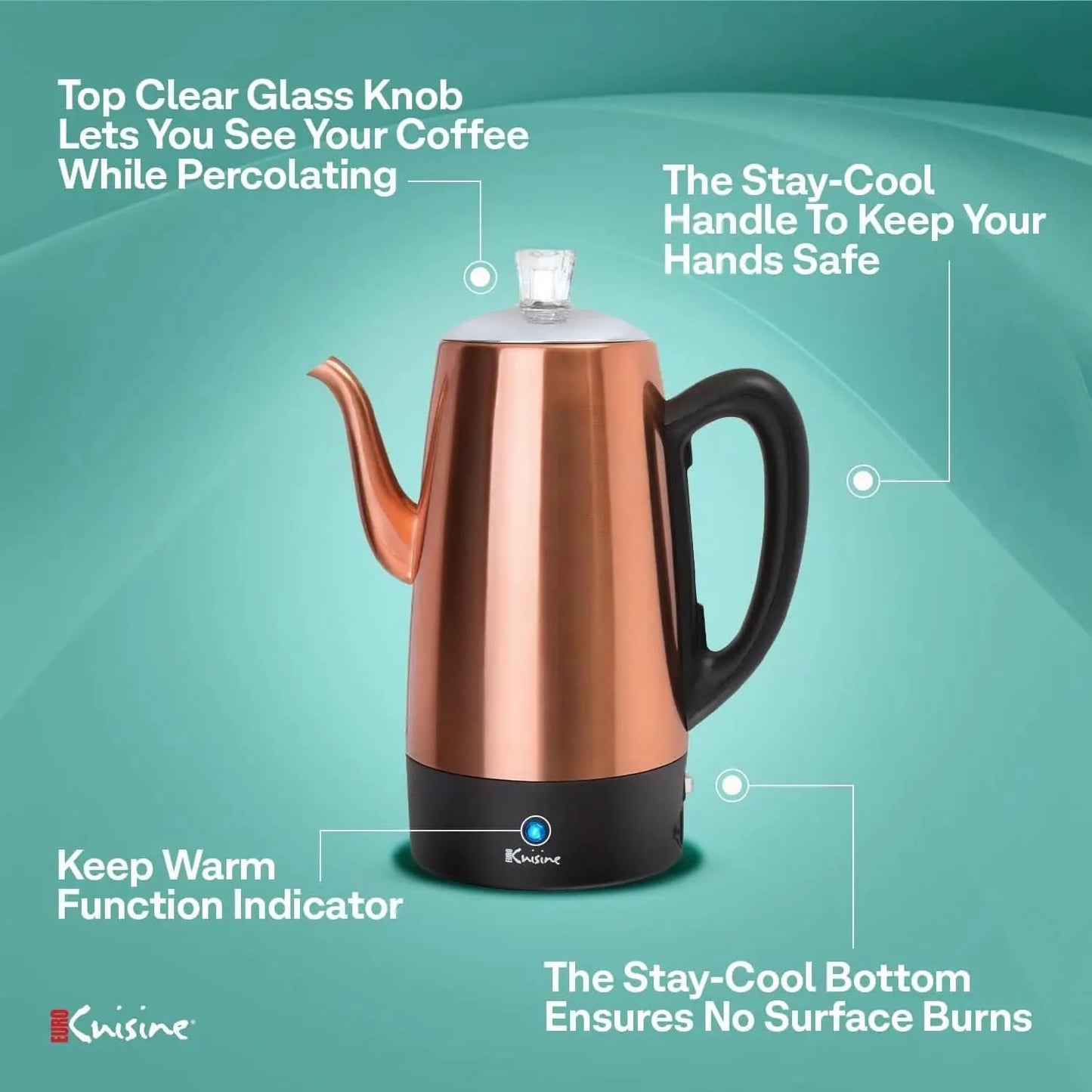 PER12 Stainless Steel Electric Coffee Percolator, 12 Cup, Polished Copper Finish, Dripless Gooseneck Spout, Clear Glass Knob, Br - M & M Global