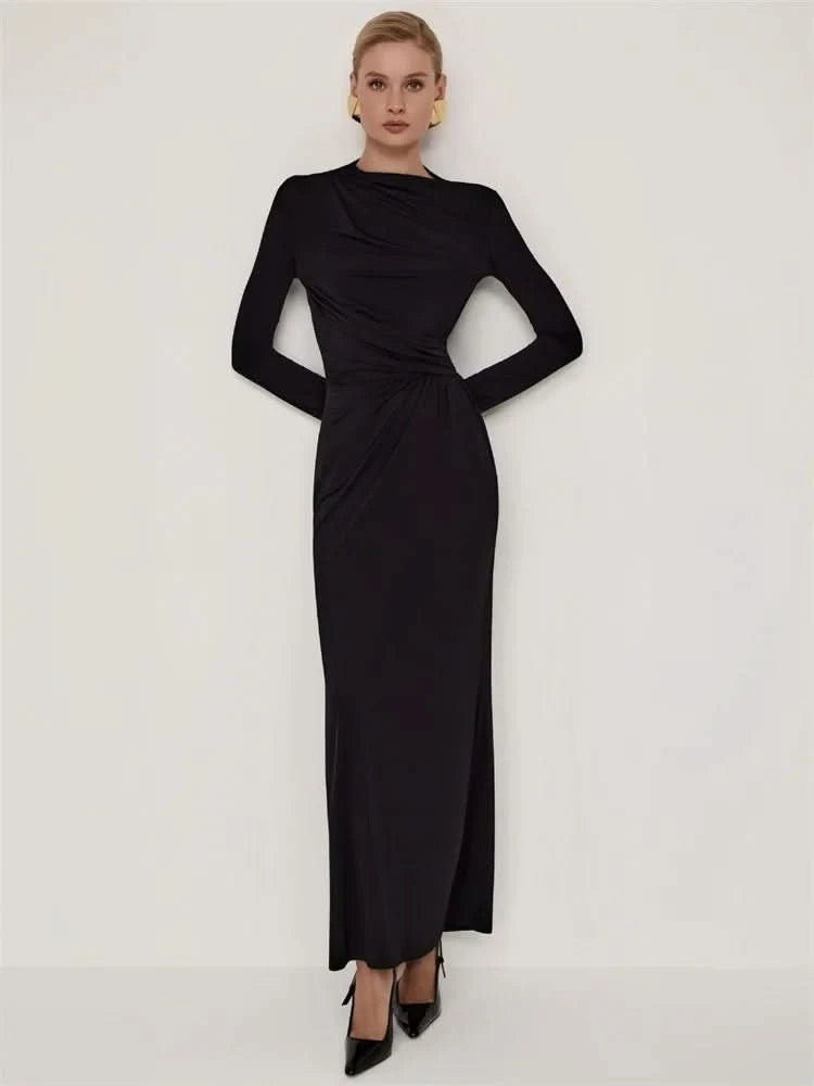 Tossy Fashion Autumn Pleated Long Dress Female High Waist Slim Bandage Solid Elegant Commute Clothes Ladies Y2k Maxi Dress 2024 - M & M Global