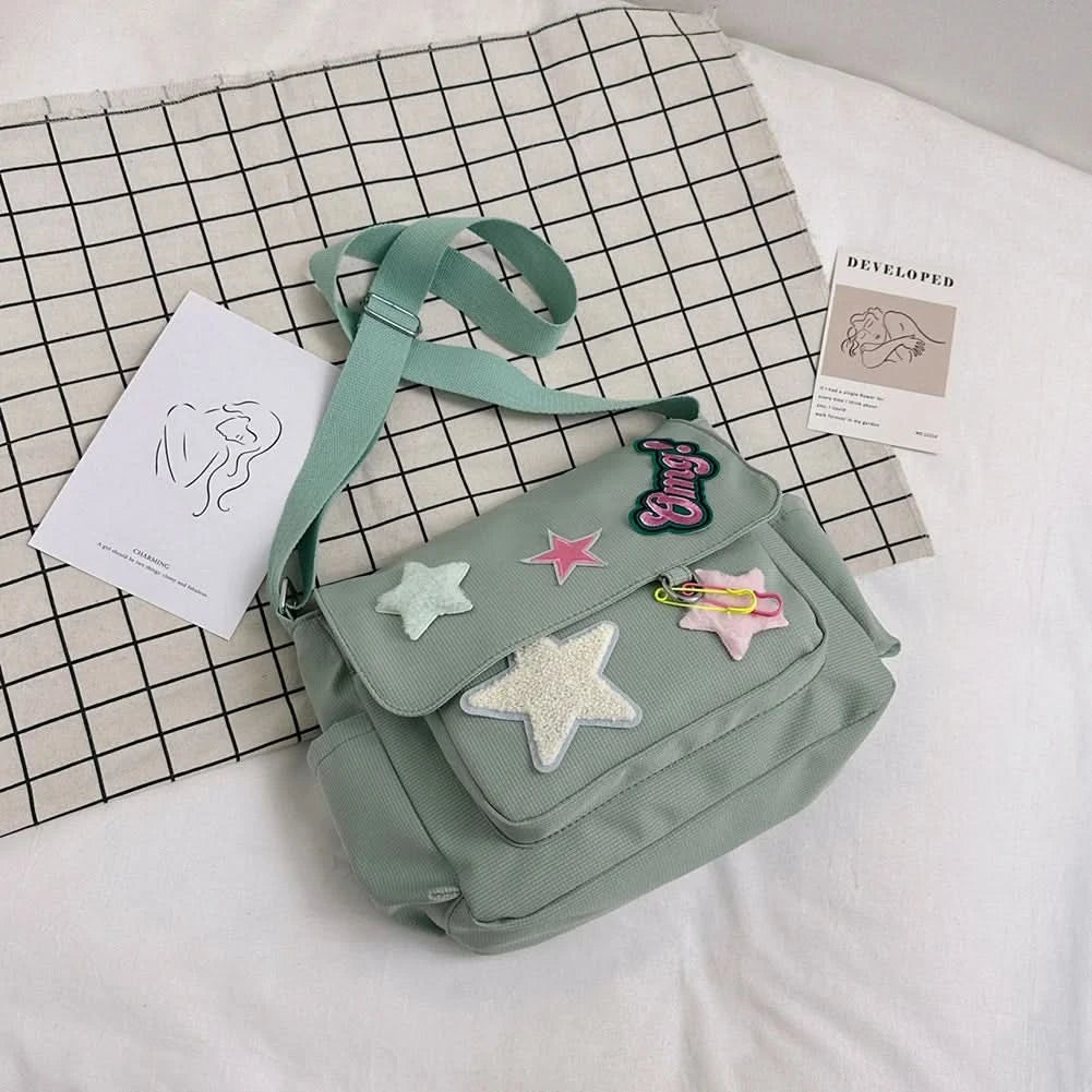 Women Cute Messenger Bag Large Capacity Canvas Student School Bag Star Letter Applique Candy Color Leisure Travel Outdoor Bag - M & M Global