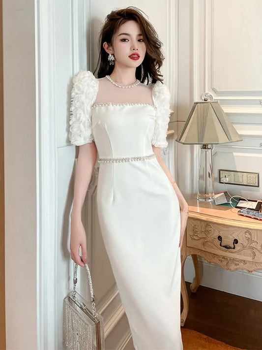 Fashion Elegant Formal Dresses Sweet Celebrity Beaded White Long Dress Sheer Mesh Flowers Split Robe Femme Prom Party Vestidos - M & M Global