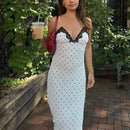 Tuularose Lace Spaghetti Strap Long Dress Women's Elegant Retro V-Neck Polka Dot Sleeveless Dress Summer Patchwork Party Dress - M & M Global