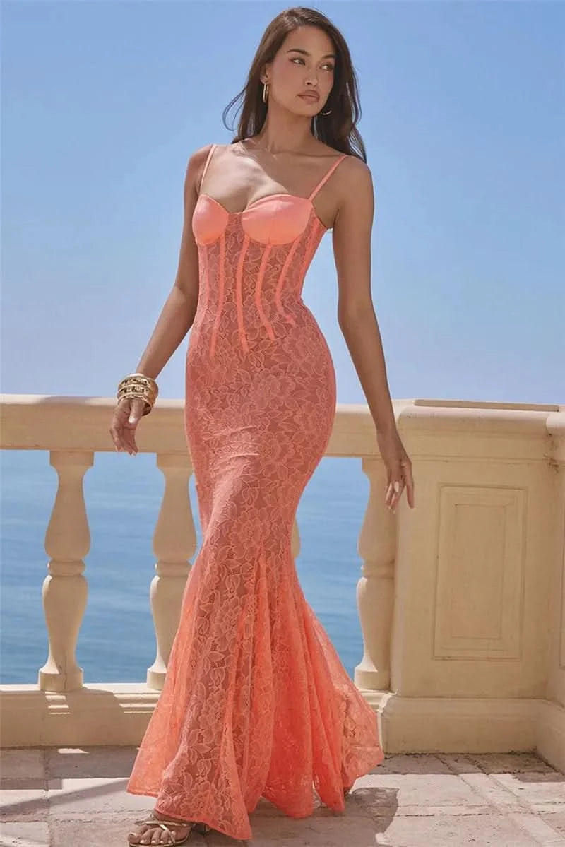 Mozision Floral Lace Sexy Maxi Dress For Women Orange Spaghetti Strap Sleeveless Backless Bodycon Club Party Long Dress Elegant - M & M Global