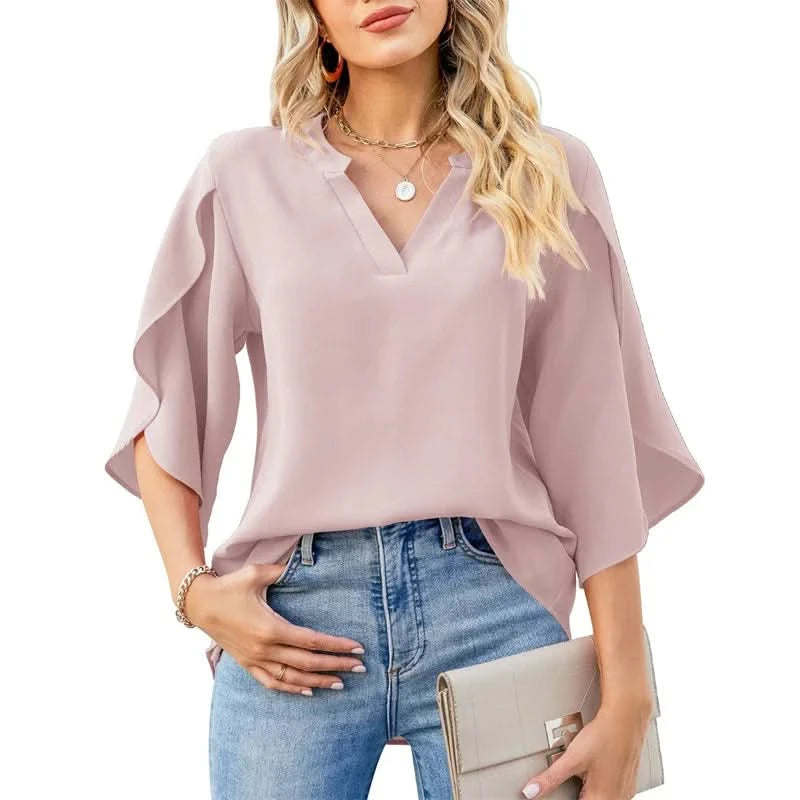 Women Summer Style Chiffon Blouses Shirts Lady Casual Short Flare Sleeve V-Neck Loose Blouse Tops - M & M Global