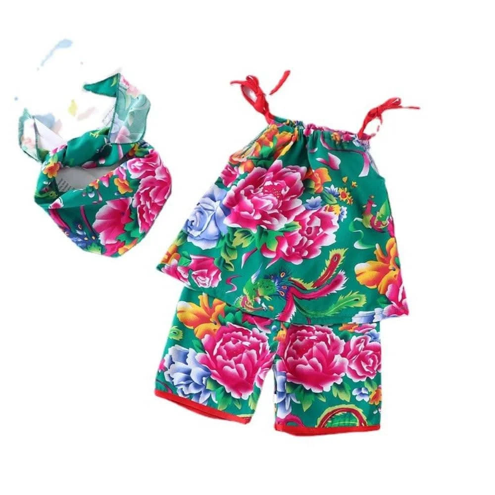 Bear Leader Summer Fashion New Baby Girl Clothes Flower Print Suspender Top+Shorts 2-piece Set Ethnic Style Children's Clothing - M & M Global