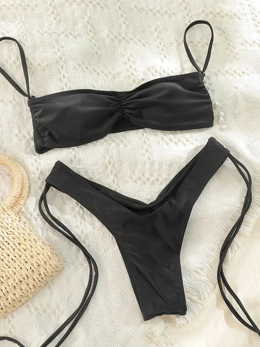 Woman swimsuits String Bikini Set Women High Cut Swimwear Sexy Bathing Suit Bandage Biquini Female Pleated Beachwear Summer - M & M Global