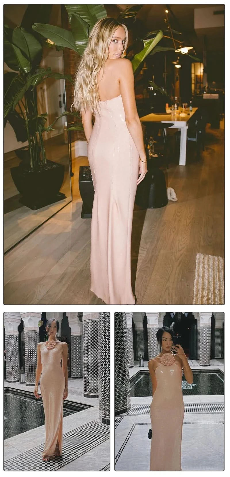 VC Women Elegant 3D Flowers Halter Backless Sexy Club Sequin Bodycon Prom Long Dress Party Festival Split Dress - M & M Global