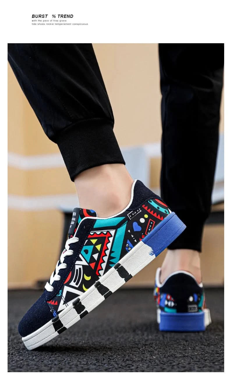 YRZL Men's Sports Running Shoes Canvas Geometric Style Lace-Up Sneakers Couples' Fashionable Graffiti Print Skate Shoes Men - M & M Global