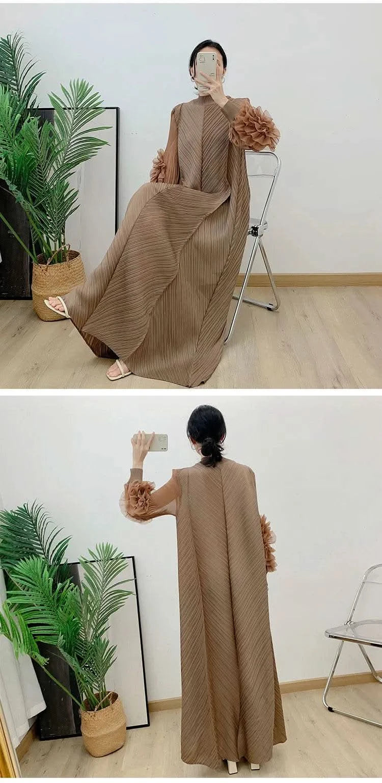 ANLAN Miyake Pleated Maxi Long Dress Mesh Petal Sleeve Half Turtleneck Formal Dresses for Women 2024 New Hot Sales 6KK9927 - M & M Global