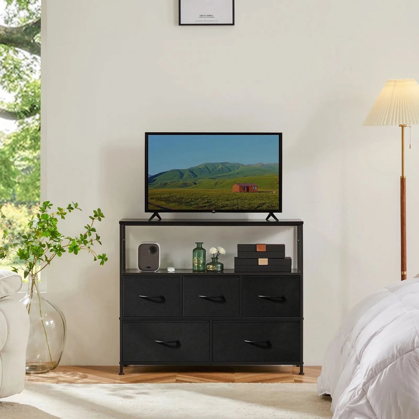 JHK Shoe Cabinet Dresser With 5 Fabric Drawers Toy Storage TV Stand Multilayer Shoe Rack Space Saving Cabinet Of Home Furniture