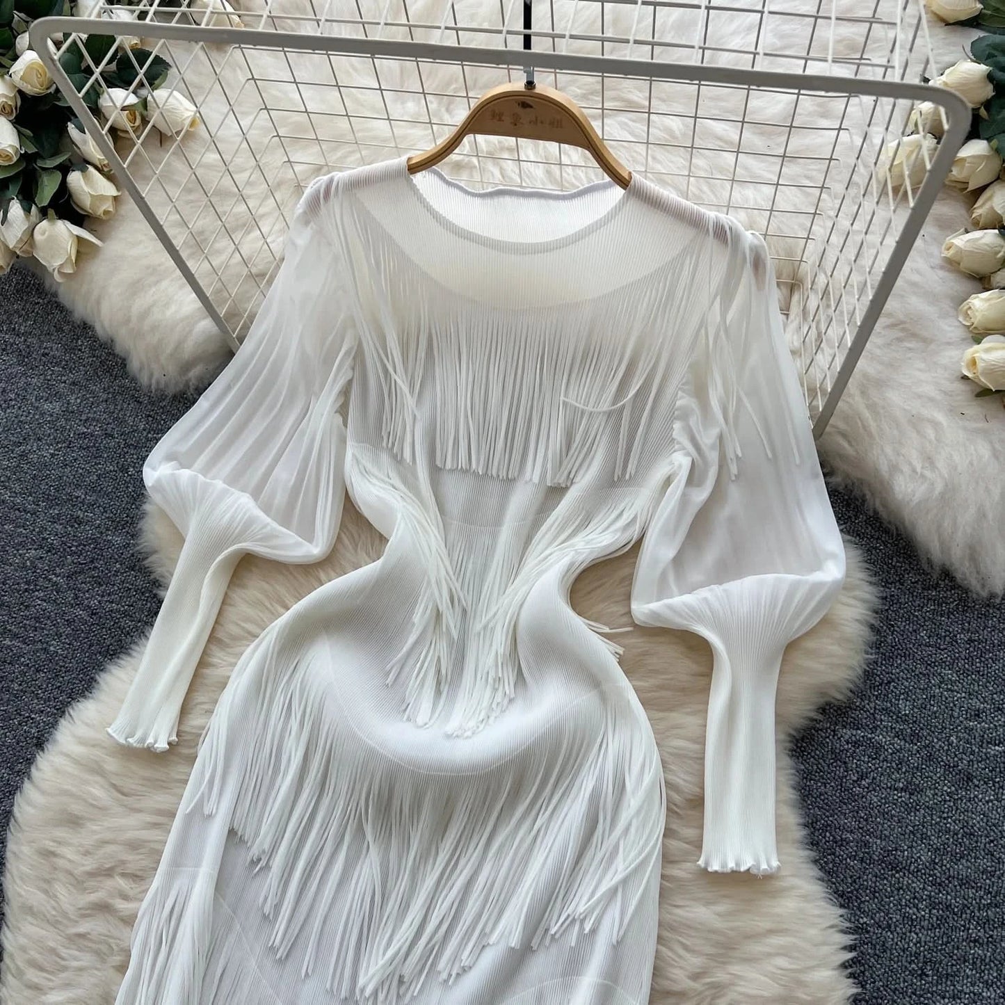 Vintage O-Neck Elegant Long Lantern Sleeve Chic Tassel Slim Long Dress French Fashion Evening High Street Autumn Winter Clothing - M & M Global