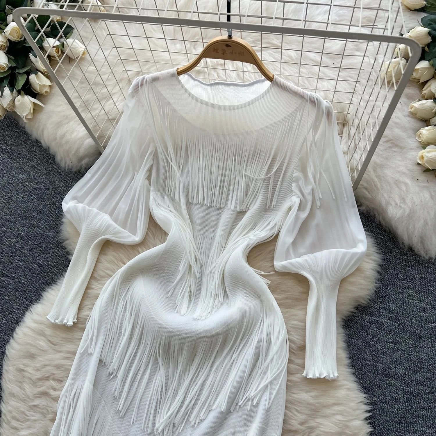 Vintage O-Neck Elegant Long Lantern Sleeve Chic Tassel Slim Long Dress French Fashion Evening High Street Autumn Winter Clothing - M & M Global