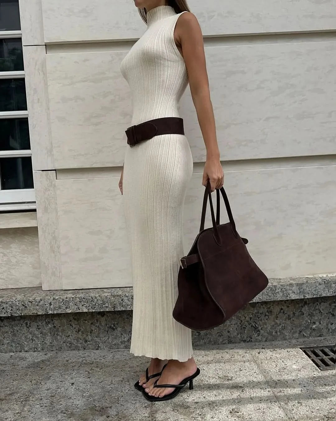 Tossy Sleeveless Knitwear Turtleneck Long Dress Female Slim Elegant Fashion Autumn 2023 Ribbed Knit Dress For Women Maxi Dress - M & M Global