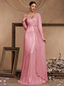 Luxury Pink Floor Length V-Neck Evening Dresses Women Elegant Party Maxi Dress Sequin Long Sleeves Prom Cocktail Dress Gowns