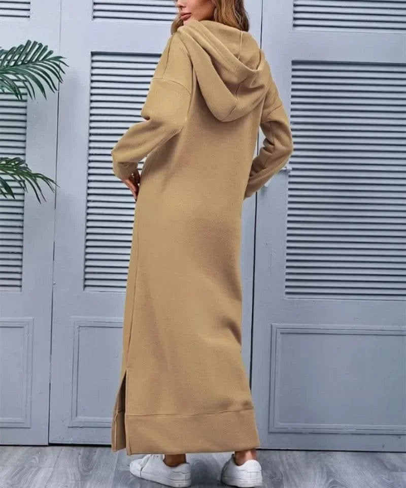Autumn and Winter New Loose Size Knitted Hooded Long Dress Plush Casual Fashion Dress Large Pocket Skirt Women's Wear - M & M Global