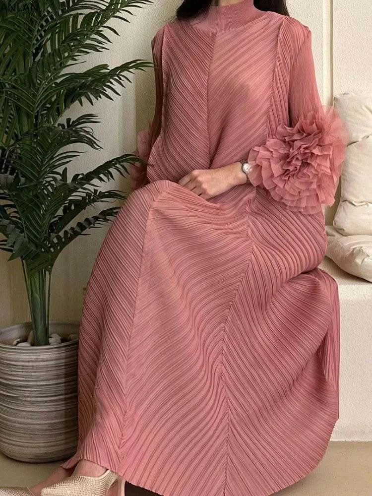 ANLAN Miyake Pleated Maxi Long Dress Mesh Petal Sleeve Half Turtleneck Formal Dresses for Women 2024 New Hot Sales 6KK9927 - M & M Global