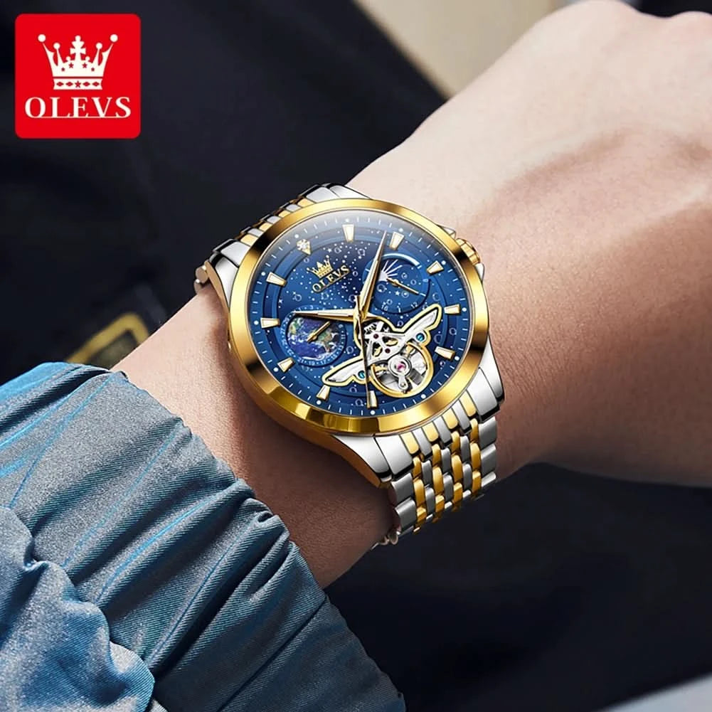 OLEVS Luxury Brand Men's Watches Luminous Waterproof Fully Automatic Mechanical Watch Starry Sky Dial Moon Phase Hollow Out - M & M Global