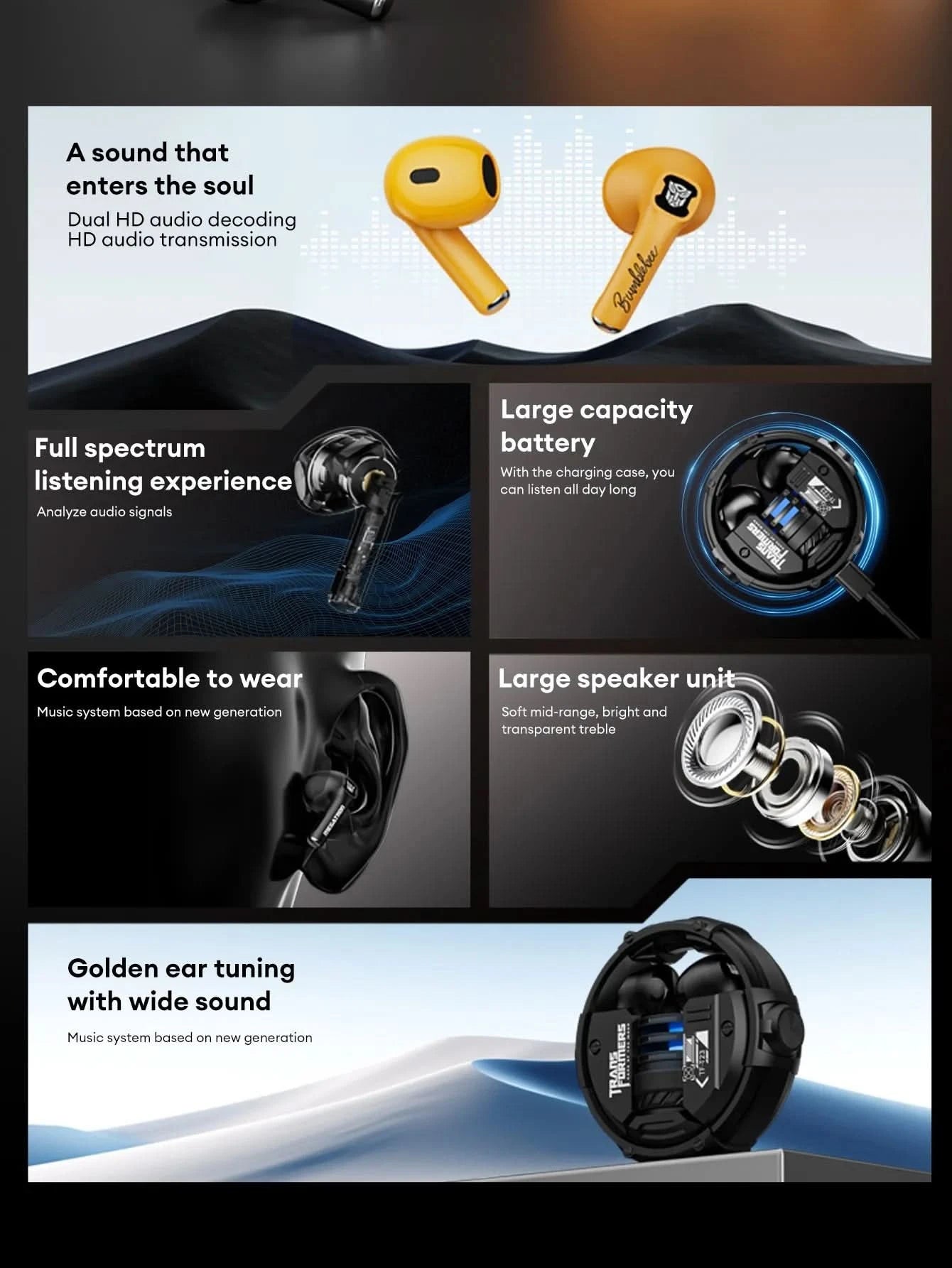 Ship From US Transformers Wireless Bluetooth Earphones Low Latency Gaming Headset TF-T23 HD Call with Mic Earbuds Sport