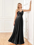 Luxury V-Neck Satin Sleeveless Blue Formal Evening Dress 2024 Women Elegant Sexy Slip Wedding Party Long Prom Dress