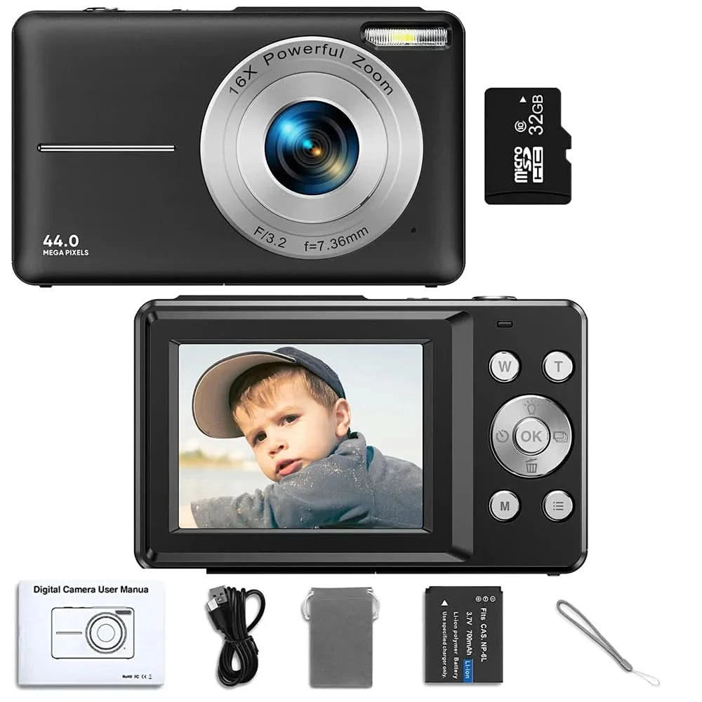 HD 1080P 2.4 inch digital Camera Rechargeable Cameras with 16x Zoom Compact Camera 44MP Cameras for kids Beginner Camera - M & M Global