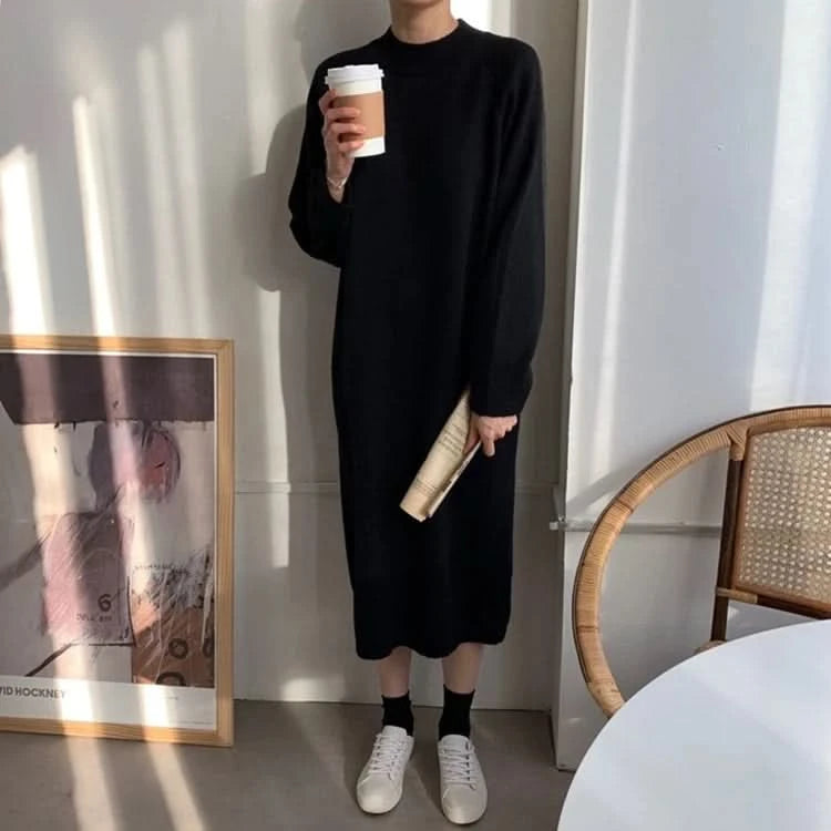 REALEFT Autumn Winter 2023 New O-Neck Casual Loose Knitted Dress Female Straight Long Sleeve Oversize Sweater Womens Long Dress - M & M Global