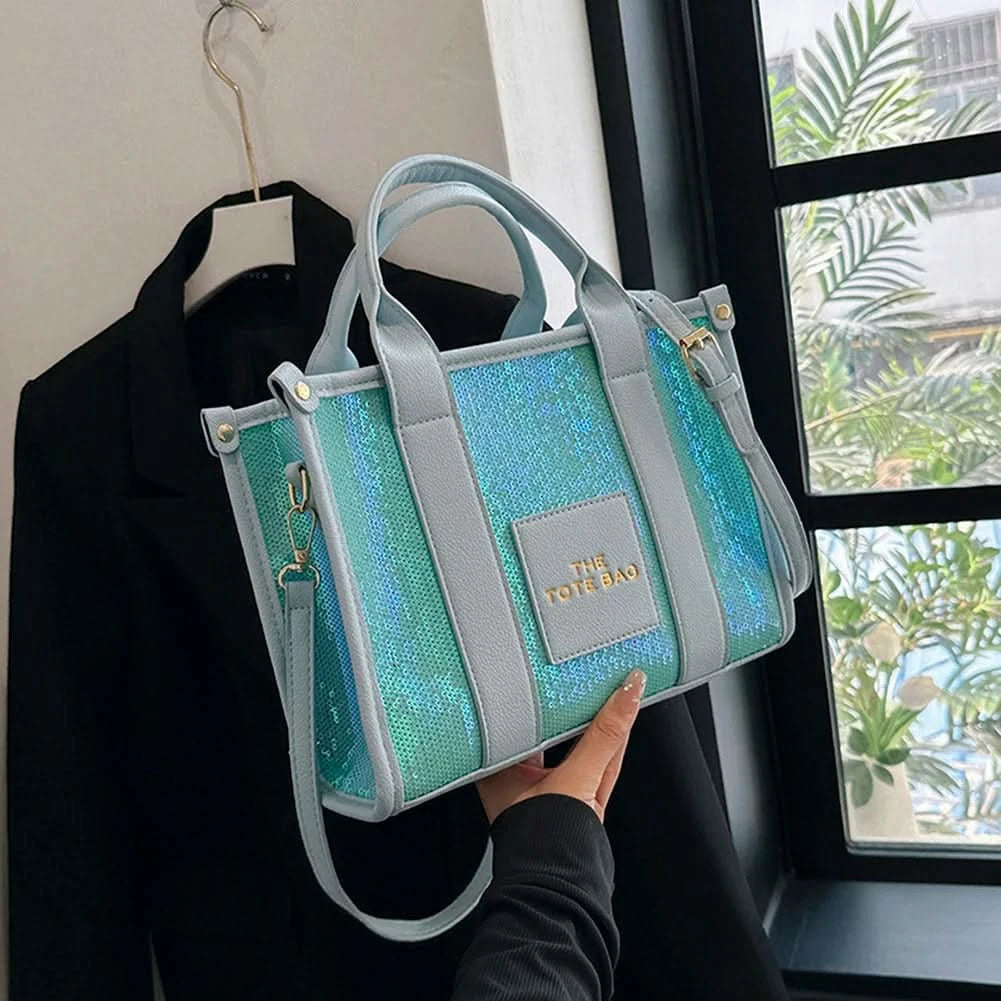 New The Tote Bag Letter Printed Sequins Top-Handle Bag Women Leather Handbag Luxury Designer Glitter Shoulder Crossbody Bag - M & M Global