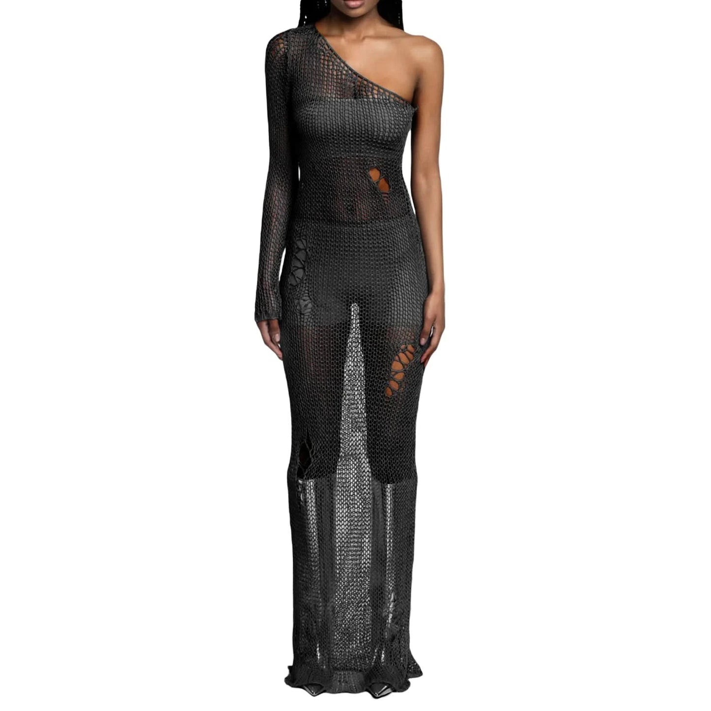 Women Sexy Y2k One Shoulder Long Sleeve Crochet Knit Long Dress Summer Beach See Through Party Grunge Club Cover Up Outfits - M & M Global